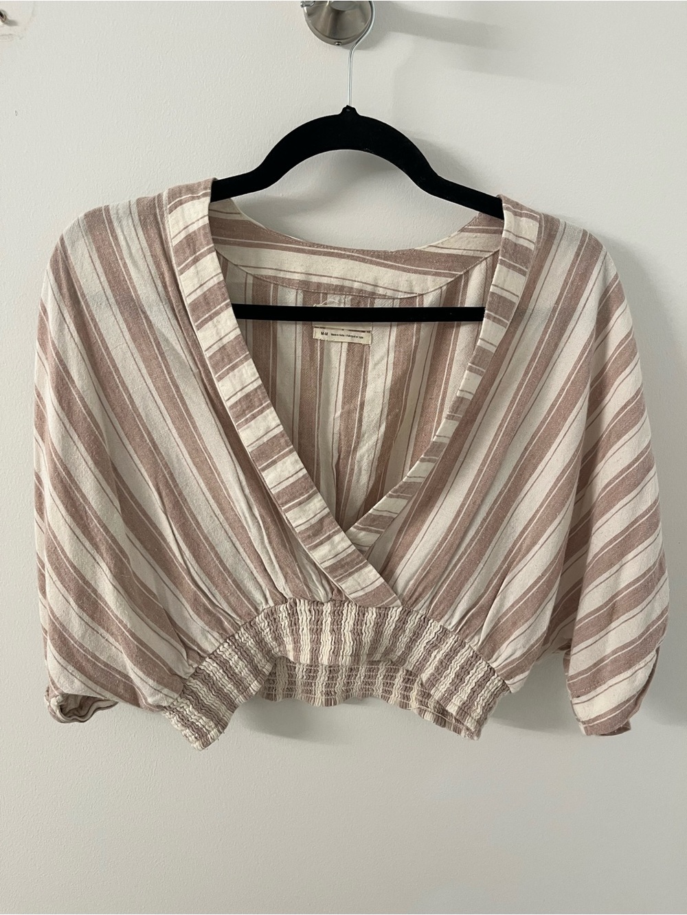 Urban Outfitters Taupe and Cream Striped Cropped V-Neck Top